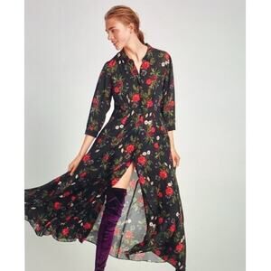 Zara Maxi Shirt Dress Dark Black Roses Floral Button Front Long Large Whimsygoth